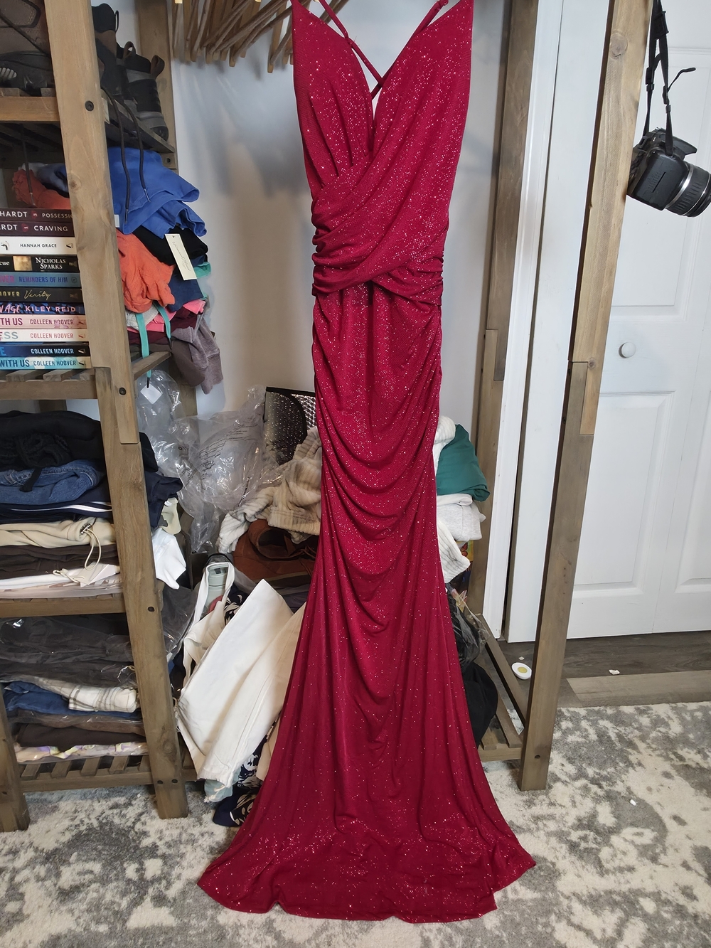 Red Sparkle Ruched Gown - Picture 2 of 3